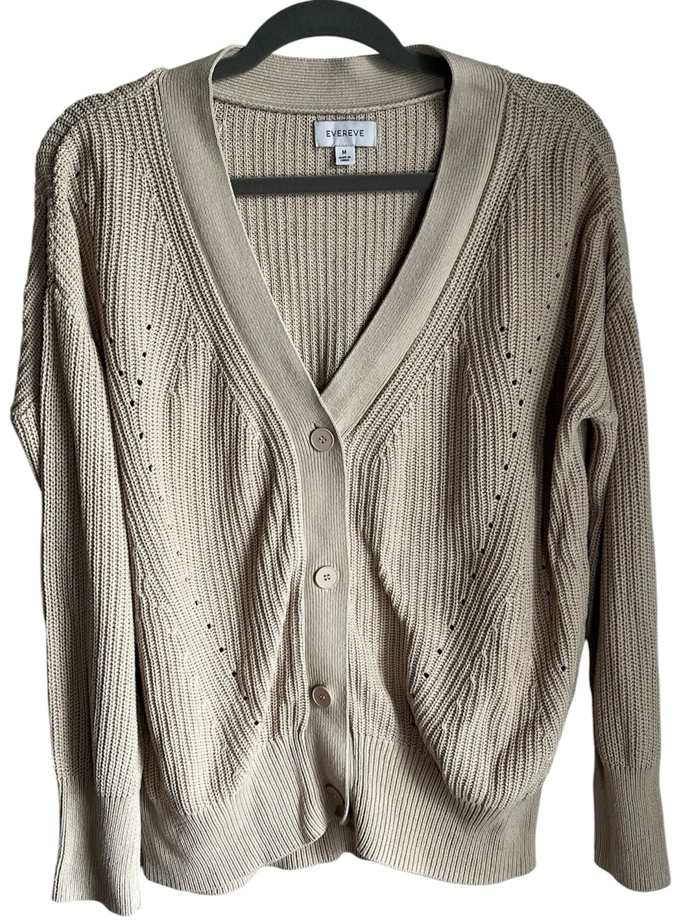 Evereve Beige Openwork Textured V-Neck Button Cardigan Size Medium EUC